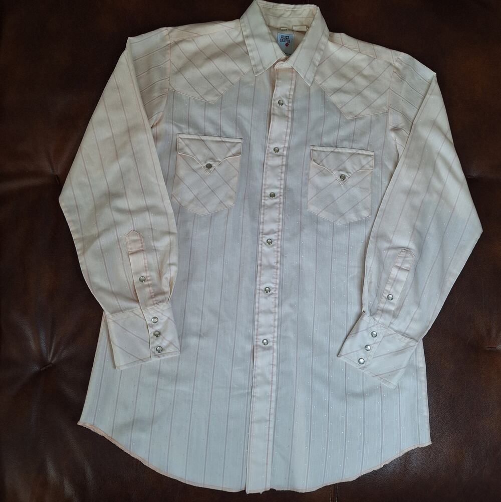 VTG Silver Canyon Pearl Snap Shirt Mens 15.5 34 USA Rare Pink Stripe Western EUC